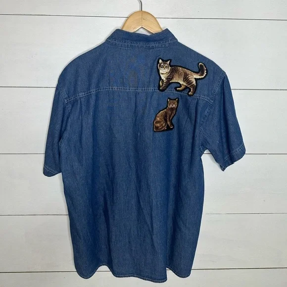 Vintage Blue Generation Denim Cat Shirt Embroidered Cats Print Pocket Large - Picture 5 of 5